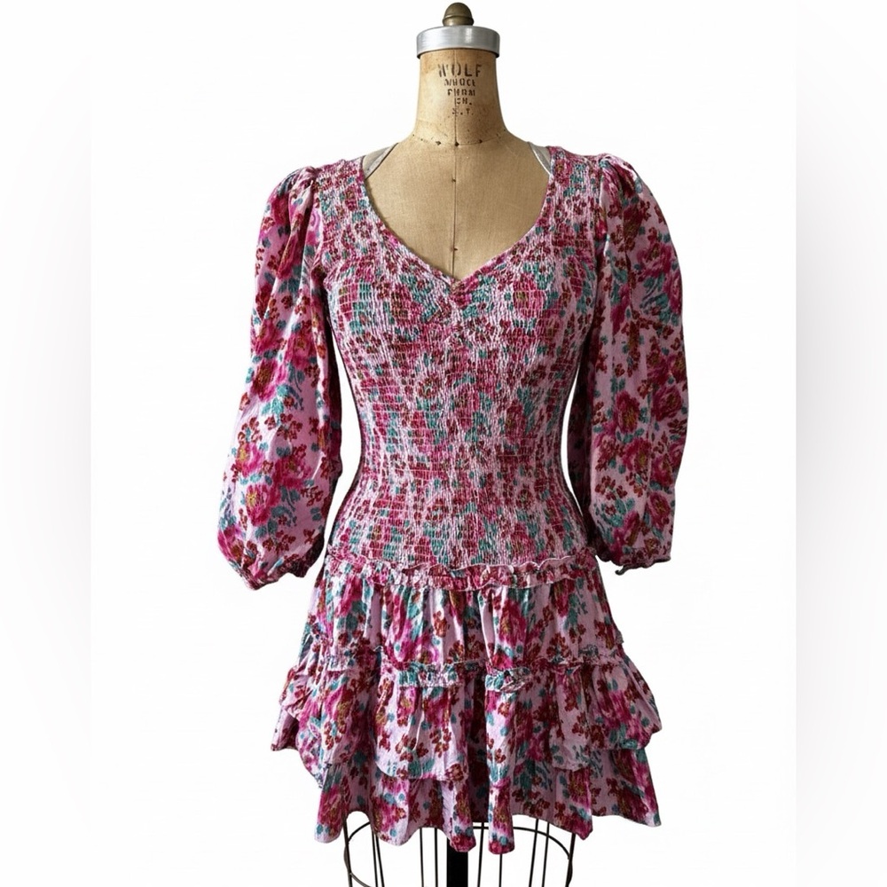 Love The Label Audrey Mini Dress Floral Pink Sz M Coquette Smocked Neck Balloon